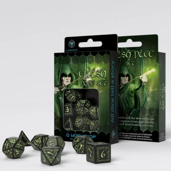 Q Workshop Elvish Black & Glow-In-The-Dark Dice Set (7) Clearance